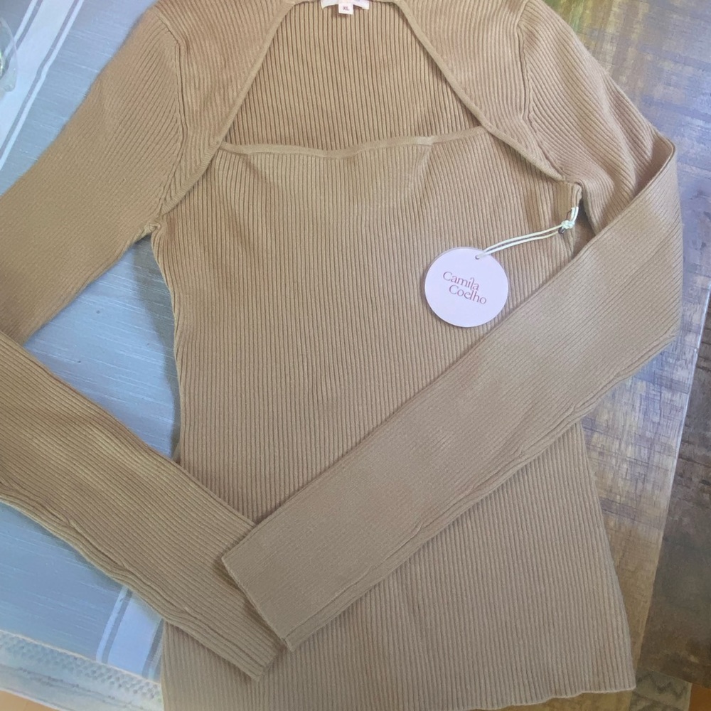 NWT Camila Coelho Roscoe Ribbed Turtleneck Sweater in Tan Size XL - Picture 7 of 7